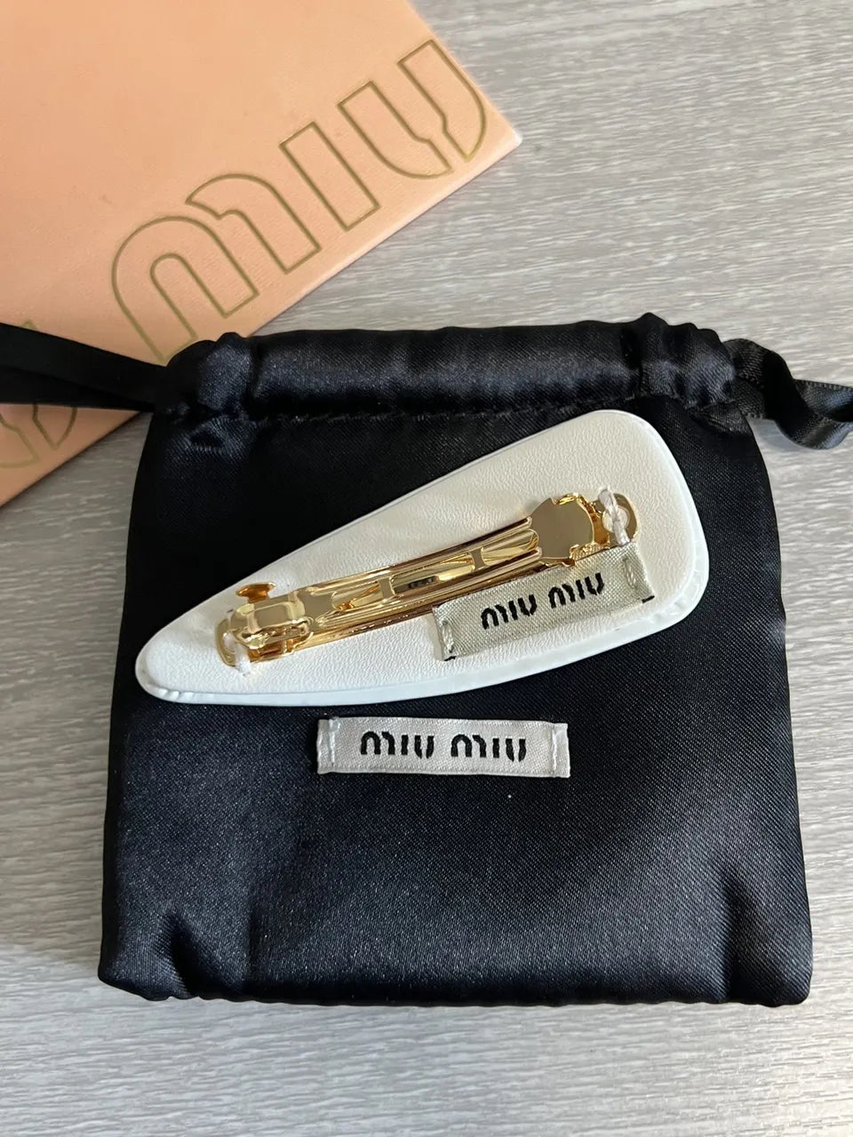 gold logo Miu Miu Black Resin Hair Clip - Hình 5