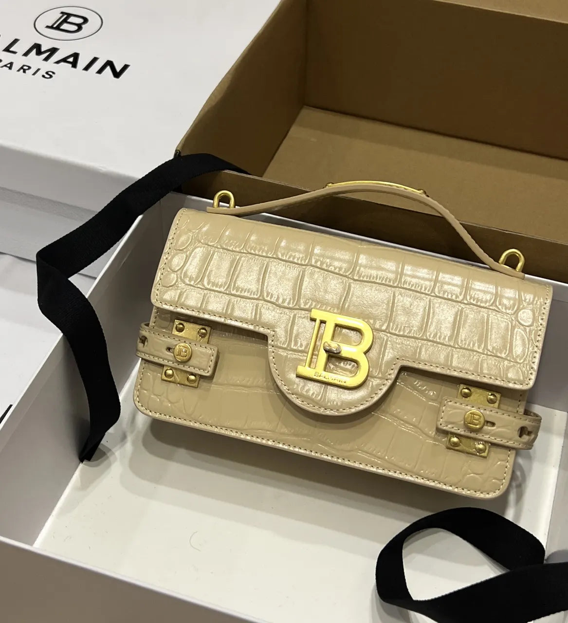 Balmain Cream Croc B-Buzz Bag - Hình 3