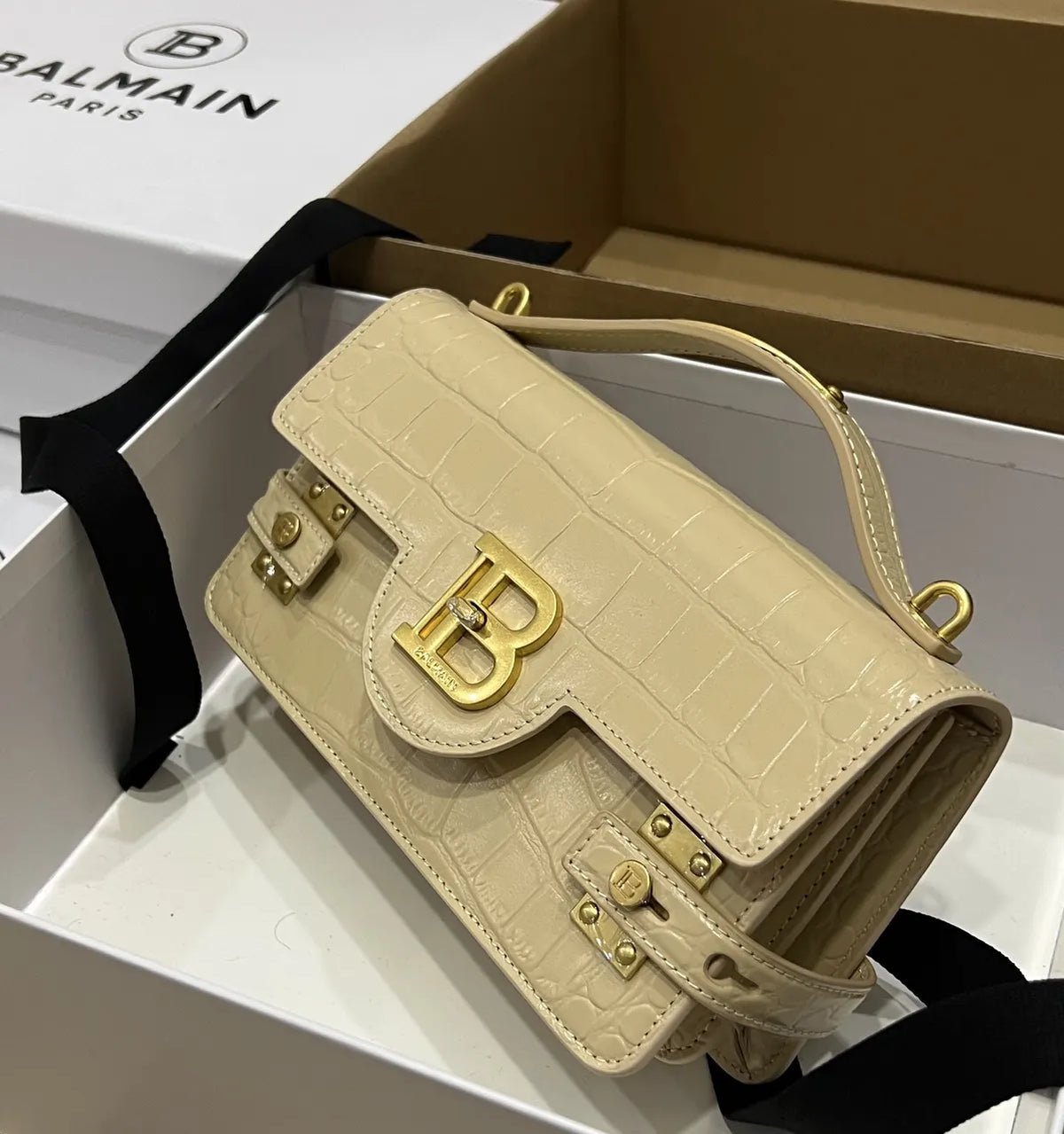 Balmain Cream Croc B-Buzz Bag - Hình 2