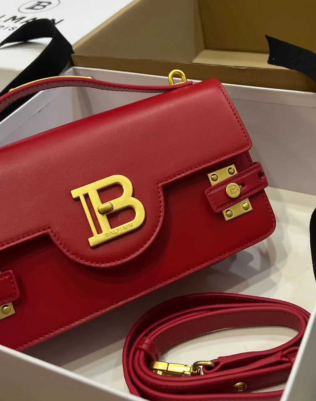 Balmain Rouge Leather Box Bag