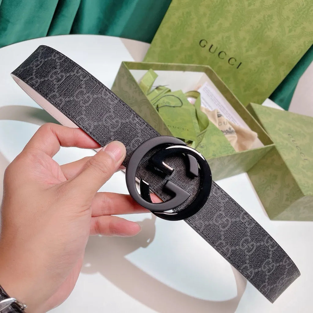 black Gucci Gray Monogram Belt - Hình 8