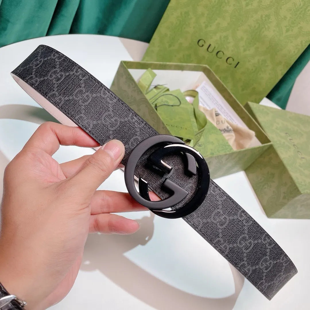 black Gucci Gray Monogram Belt - Hình 8
