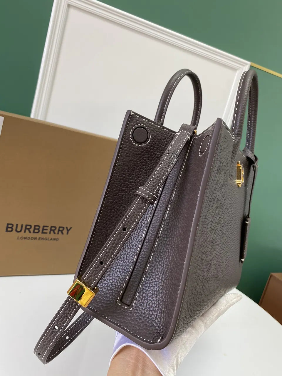 Burberry Taupe Grainy Leather Tote - Hình 5