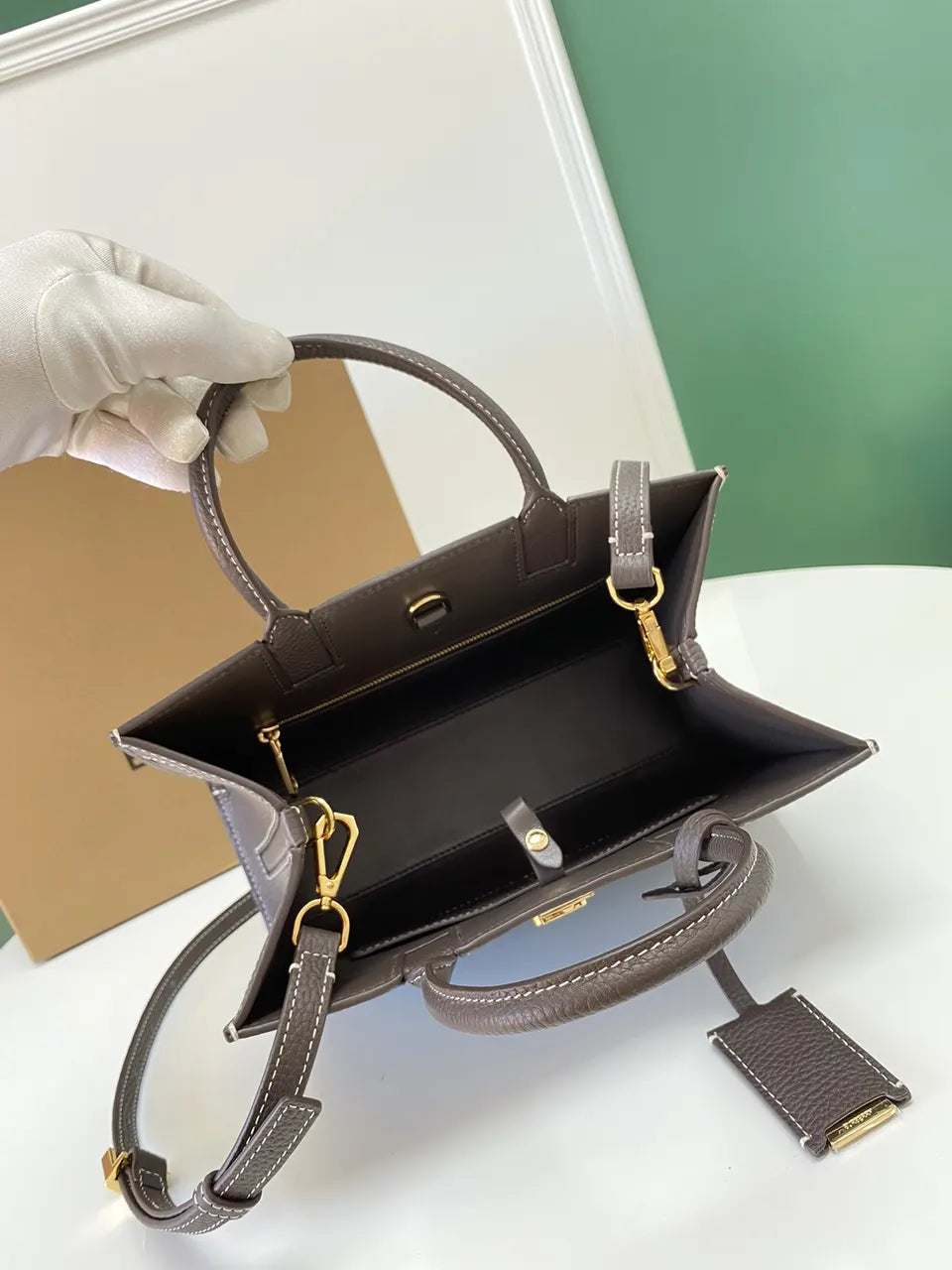 Burberry Taupe Grainy Leather Tote - Hình 8