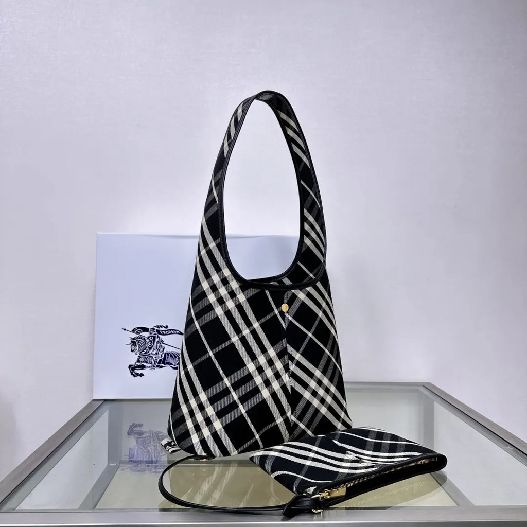 Burberry Black Plaid Knit Hobo Bag - Hình 2