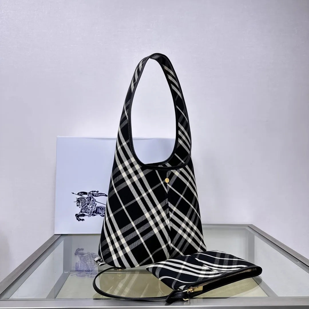 Burberry Black Plaid Knit Hobo Bag - Hình 2