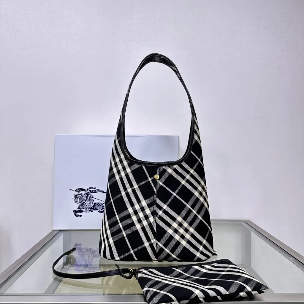 Burberry Black Plaid Knit Hobo Bag