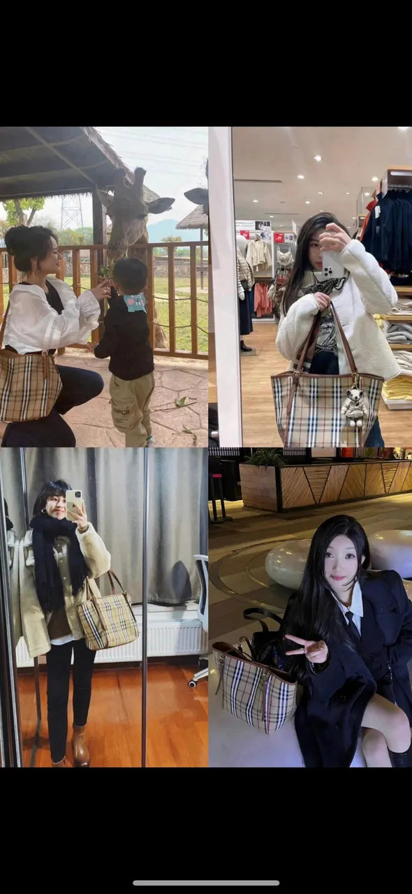 brown Burberry Check Canvas Tote Bag - Hình 4