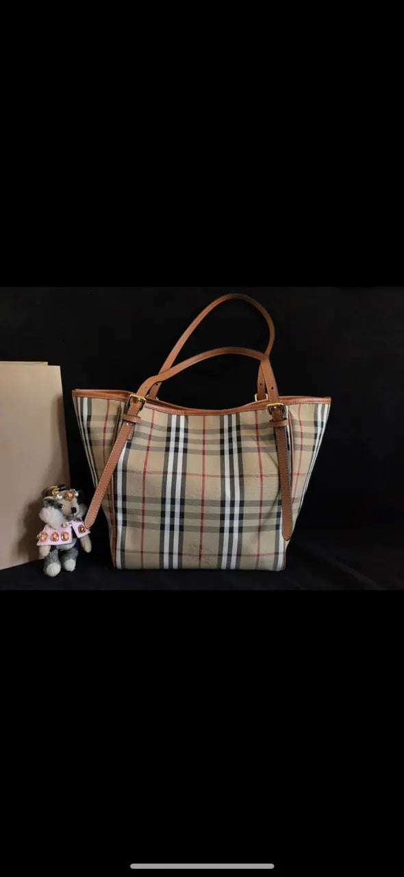 brown Burberry Check Canvas Tote Bag - Hình 3