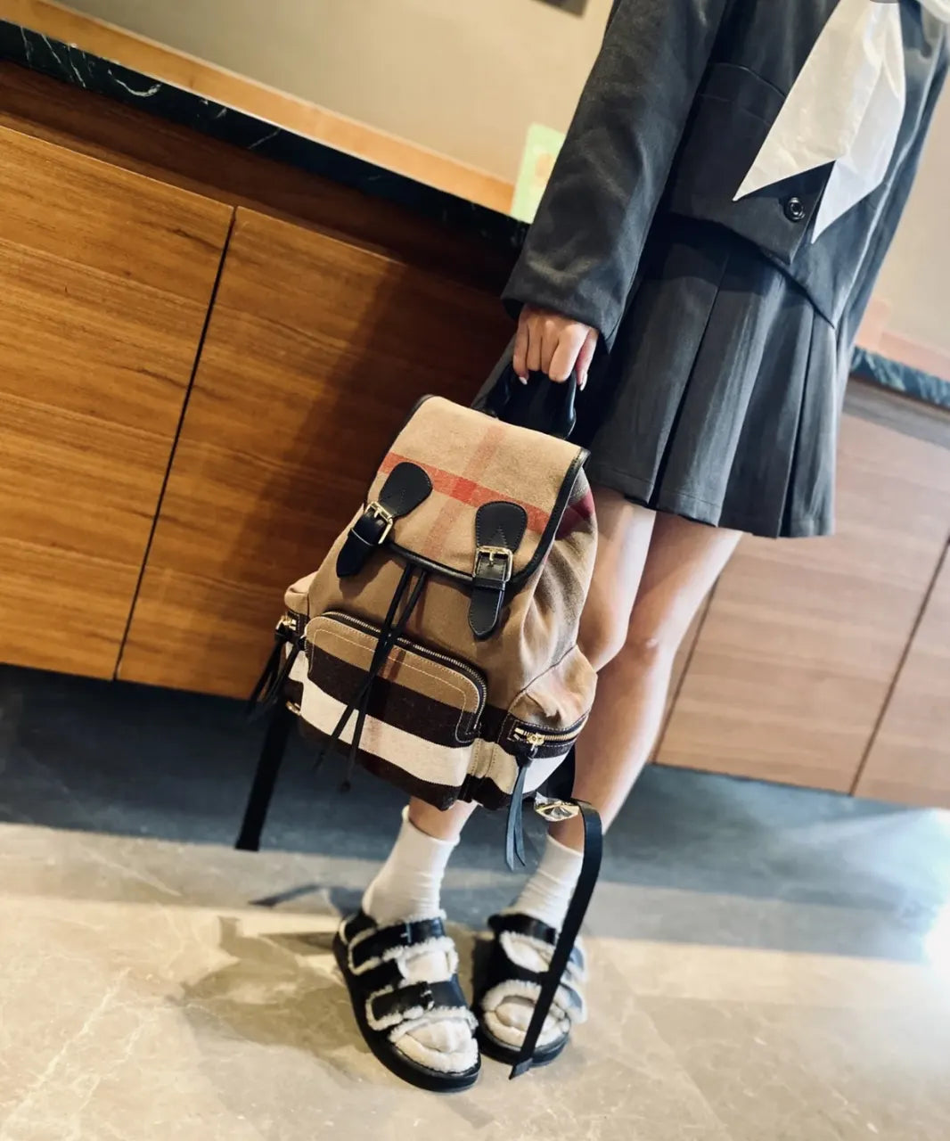 Burberry Beige Check Backpack - Hình 4