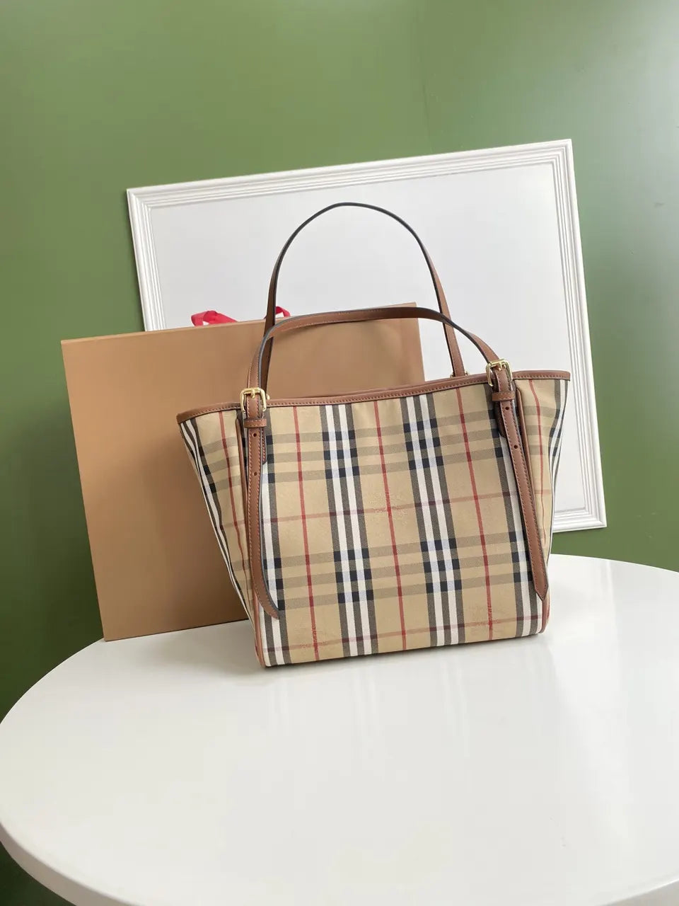 leather Burberry Check Tote Bag