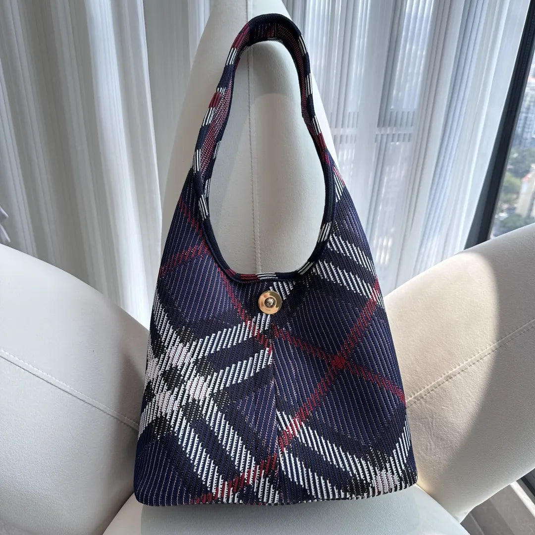Burberry Navy Check Knit Hobo Bag