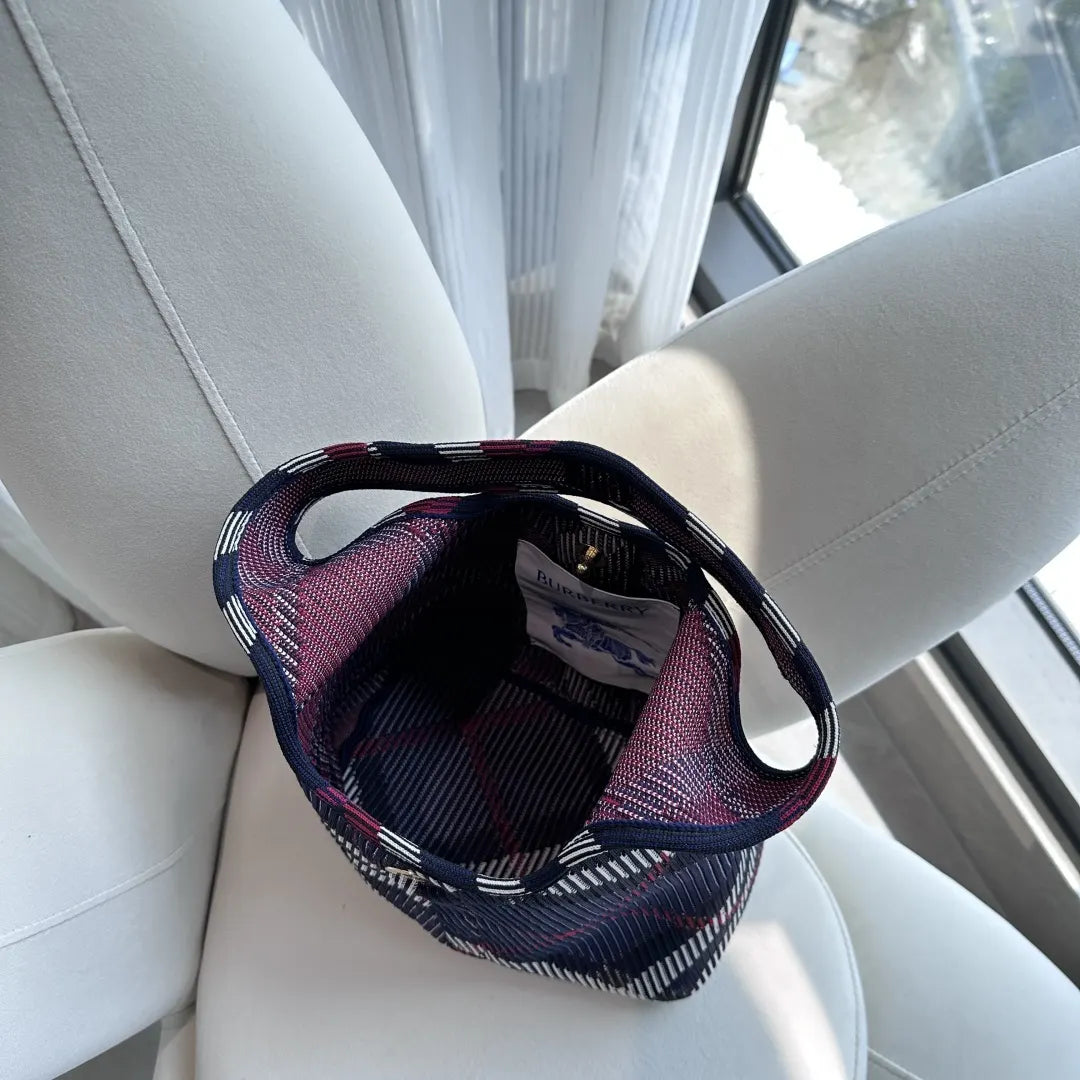 Burberry Navy Check Knit Hobo Bag - Hình 5