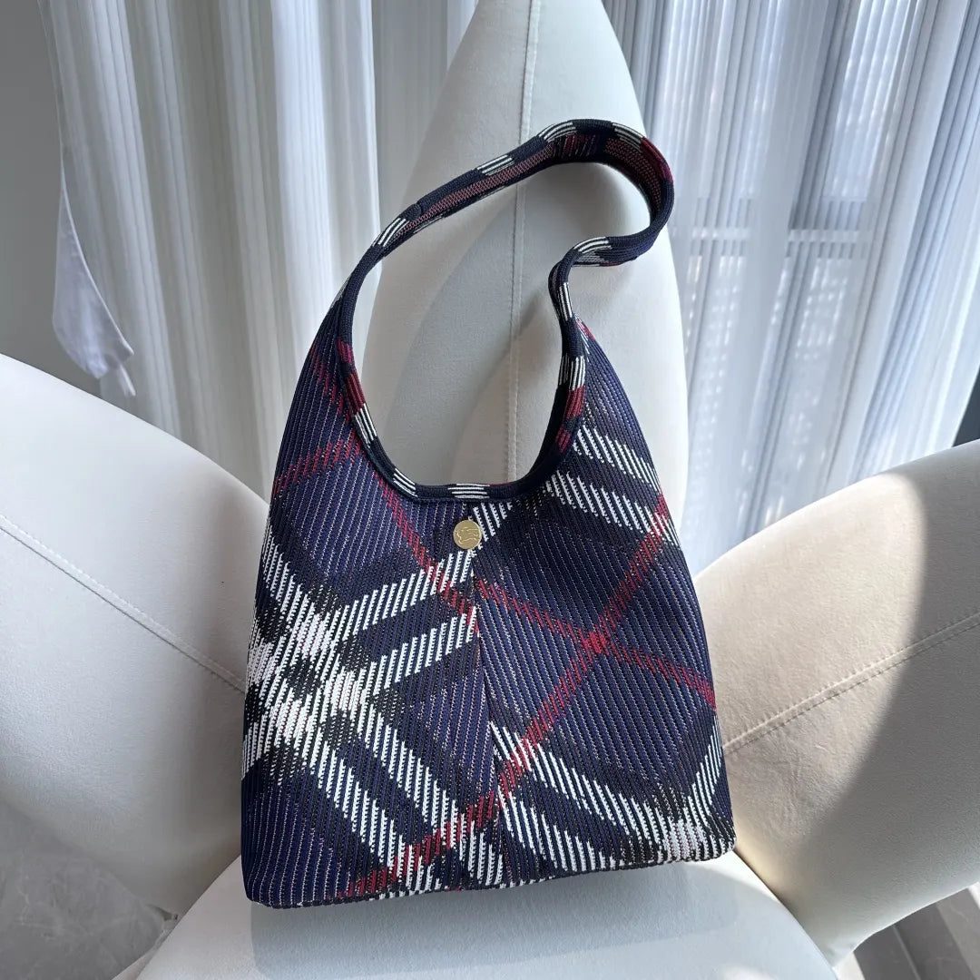 Burberry Navy Check Knit Hobo Bag - Hình 2