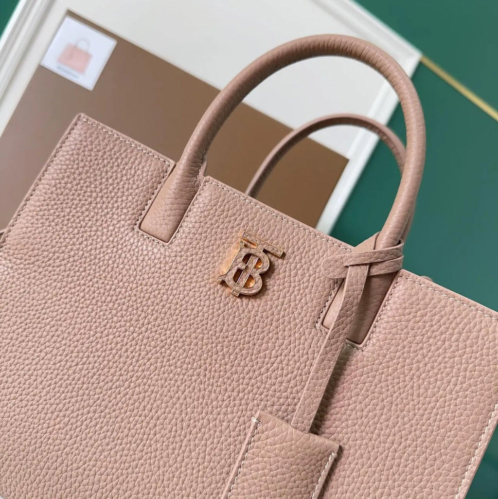 Burberry Taupe Leather Small Title Bag - Hình 6