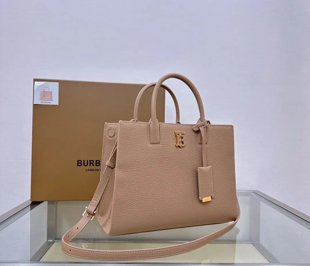 Burberry Taupe Leather Small Title Bag - Hình 2