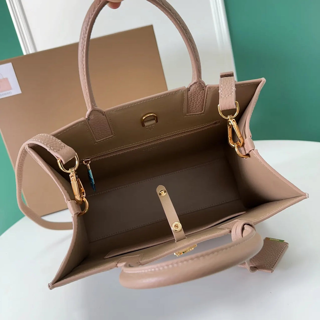 Burberry Taupe Leather Small Title Bag - Hình 7