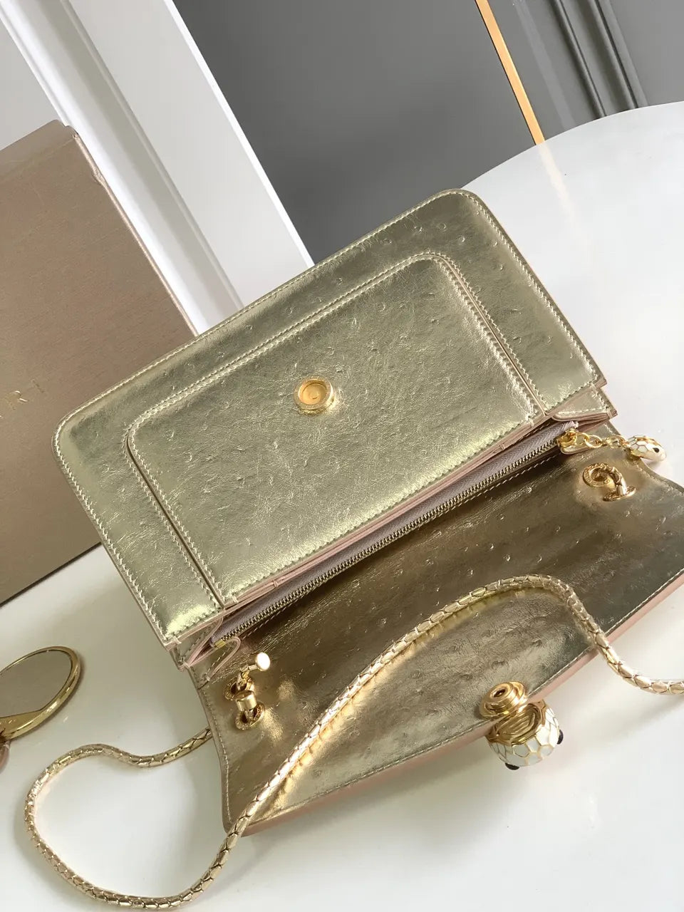serpenti Bvlgari Gold Ostrich Bag - Hình 6