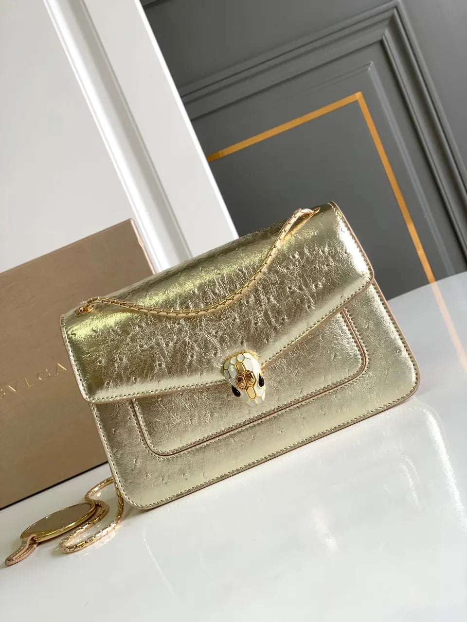 serpenti Bvlgari Gold Ostrich Bag