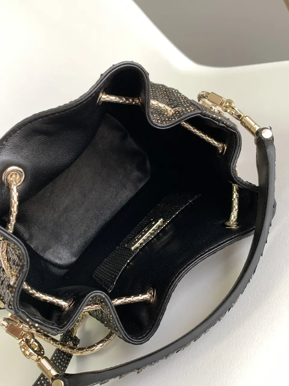 black Bvlgari Gold Studded Bucket Bag - Hình 8