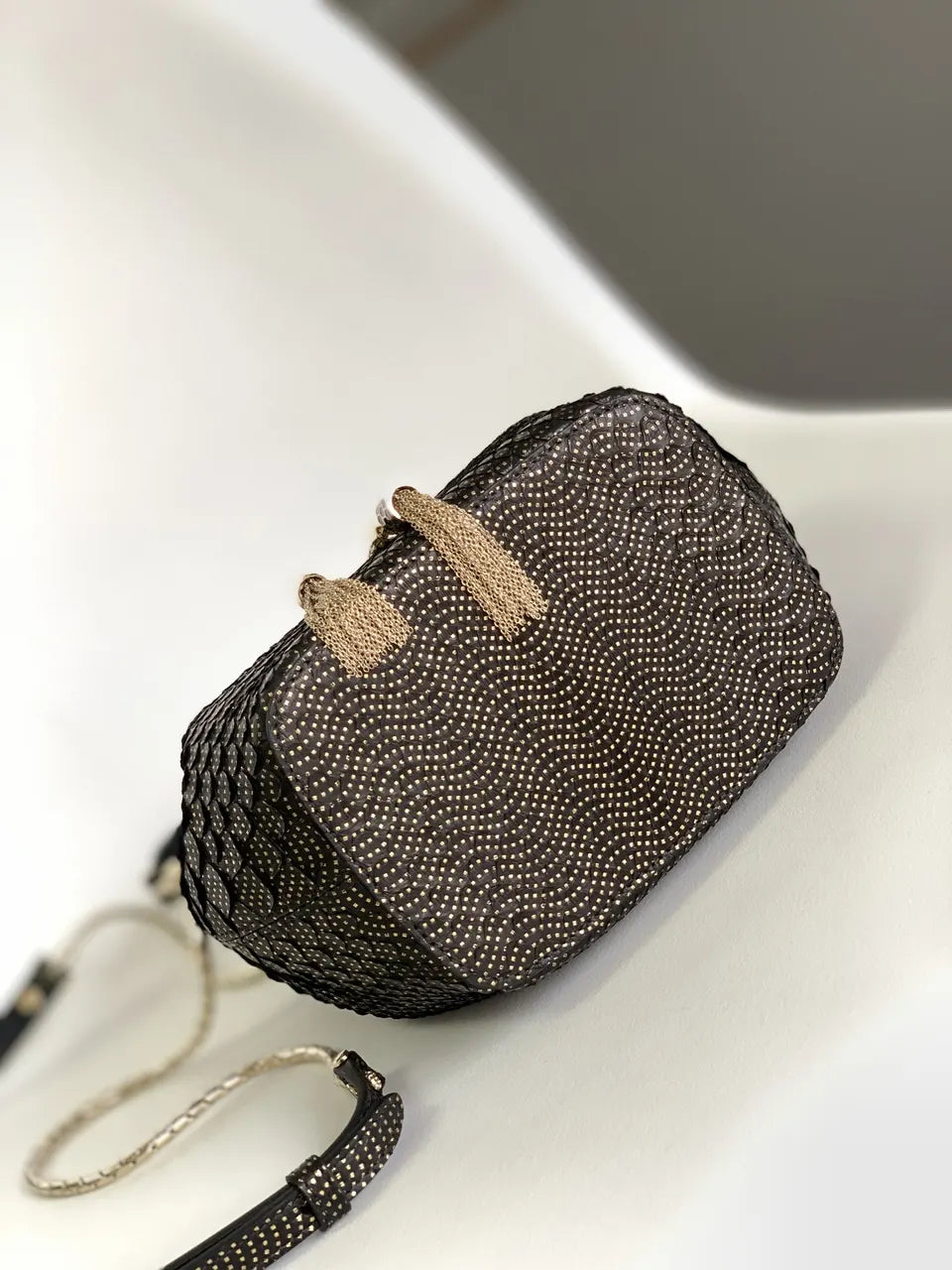 black Bvlgari Gold Studded Bucket Bag - Hình 5
