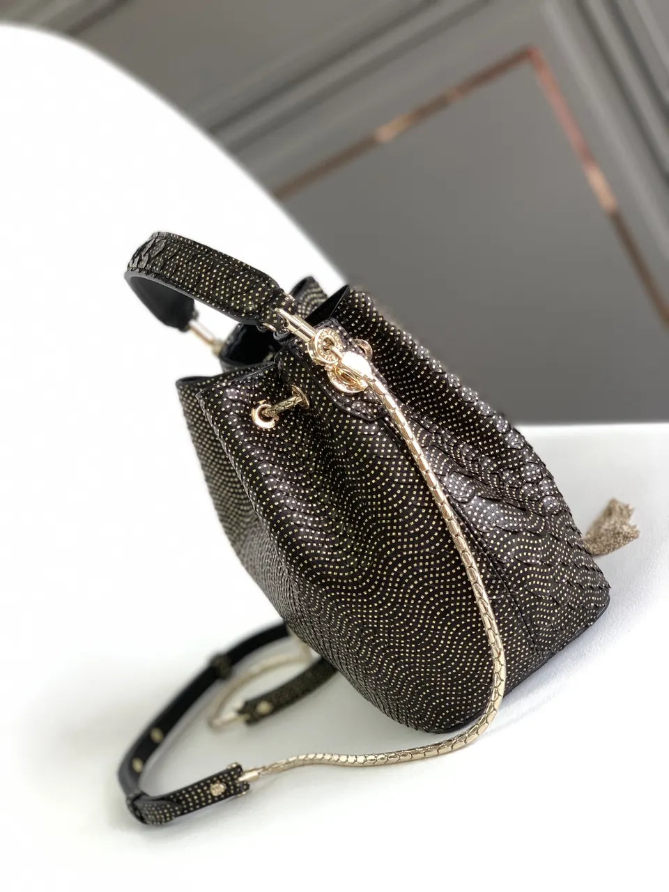 black Bvlgari Gold Studded Bucket Bag - Hình 2