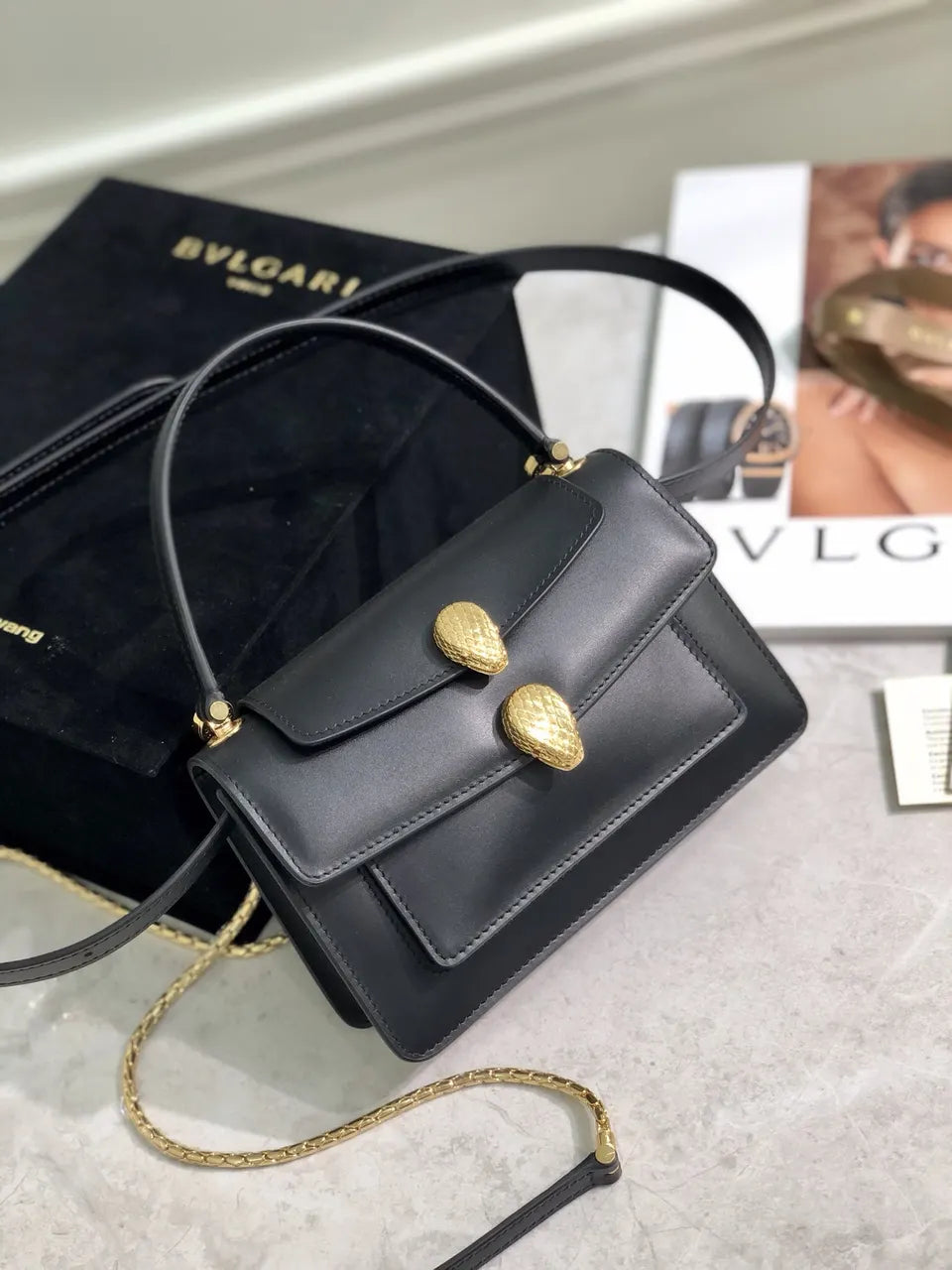 Bvlgari Black Leather Flap Bag - Hình 2