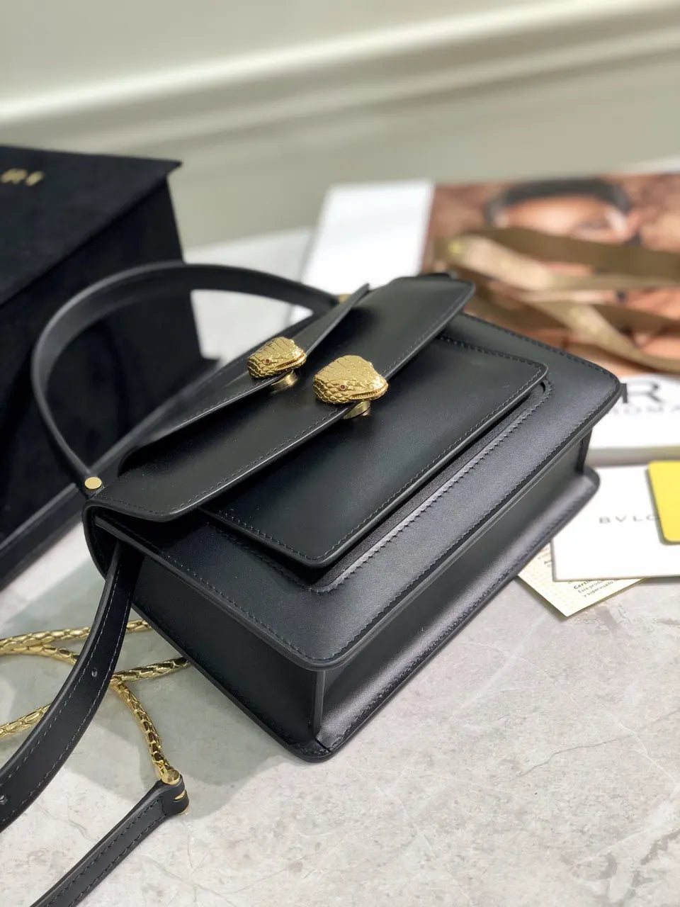 Bvlgari Black Leather Flap Bag - Hình 5