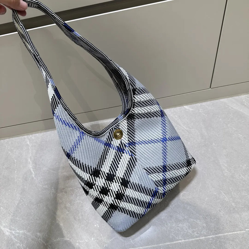 Burberry Blue Check Knit Hobo - Hình 2