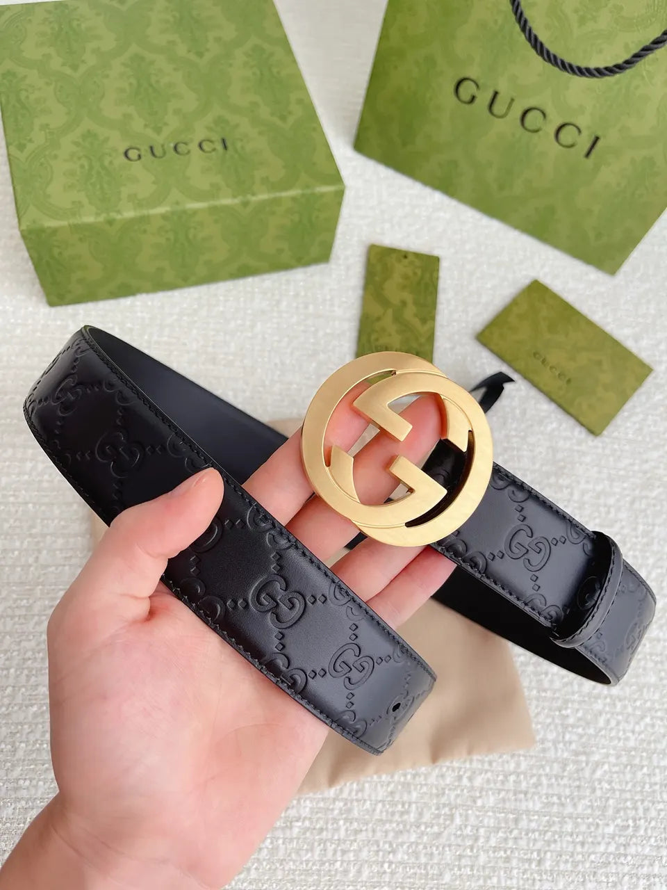 golden Gucci Black Embossed Belt - Hình 10