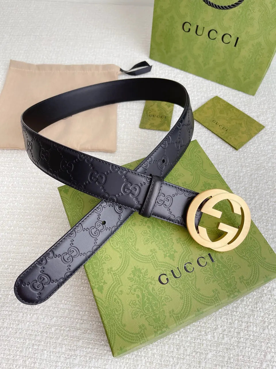 golden Gucci Black Embossed Belt - Hình 8