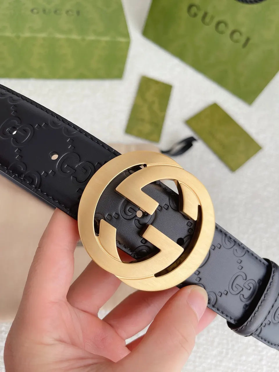 golden Gucci Black Embossed Belt - Hình 16