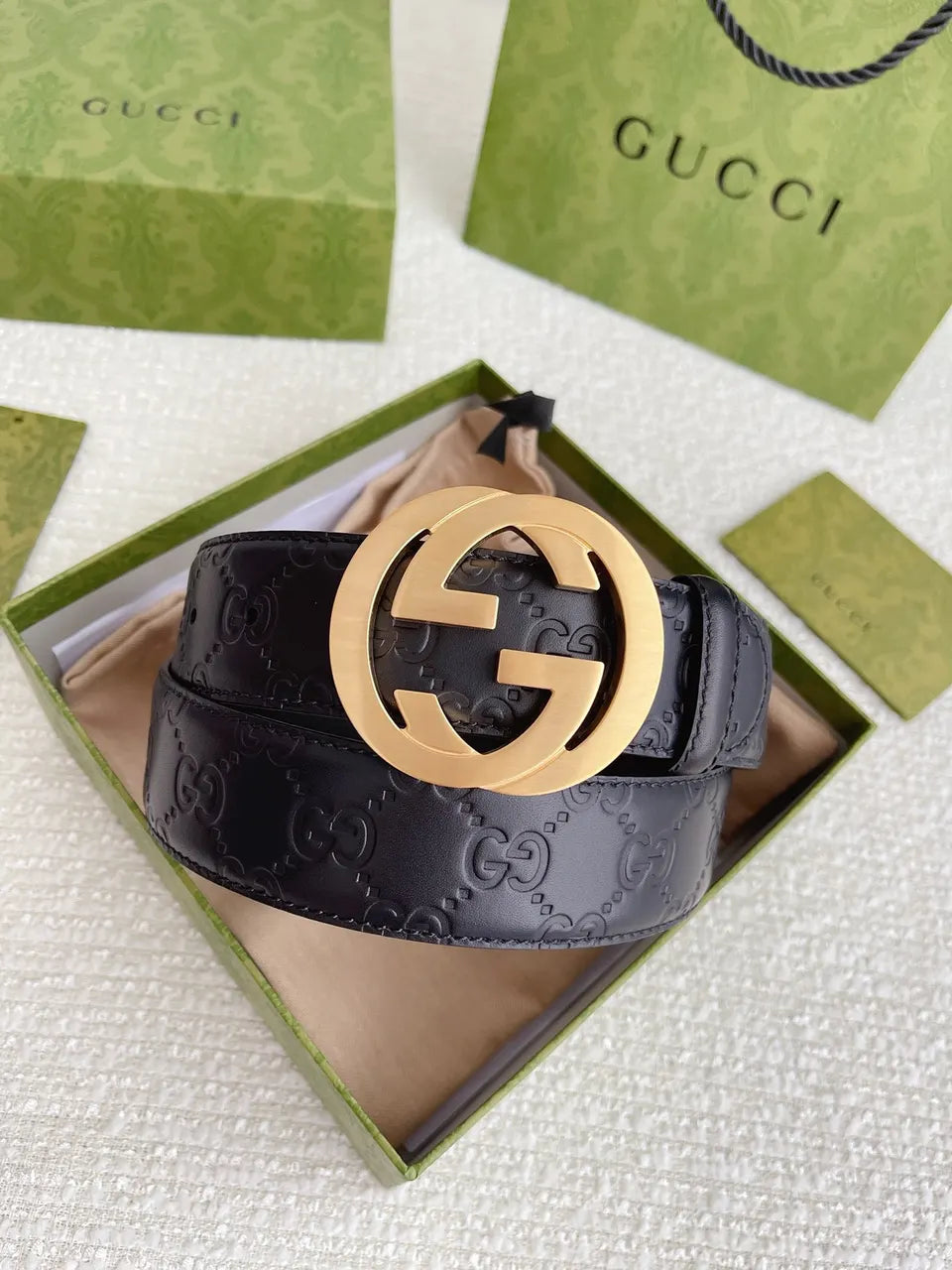 golden Gucci Black Embossed Belt - Hình 15