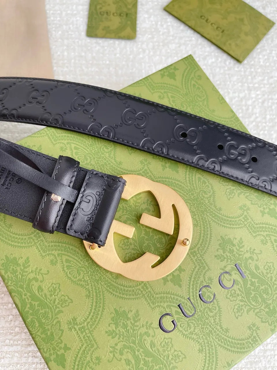 golden Gucci Black Embossed Belt - Hình 3