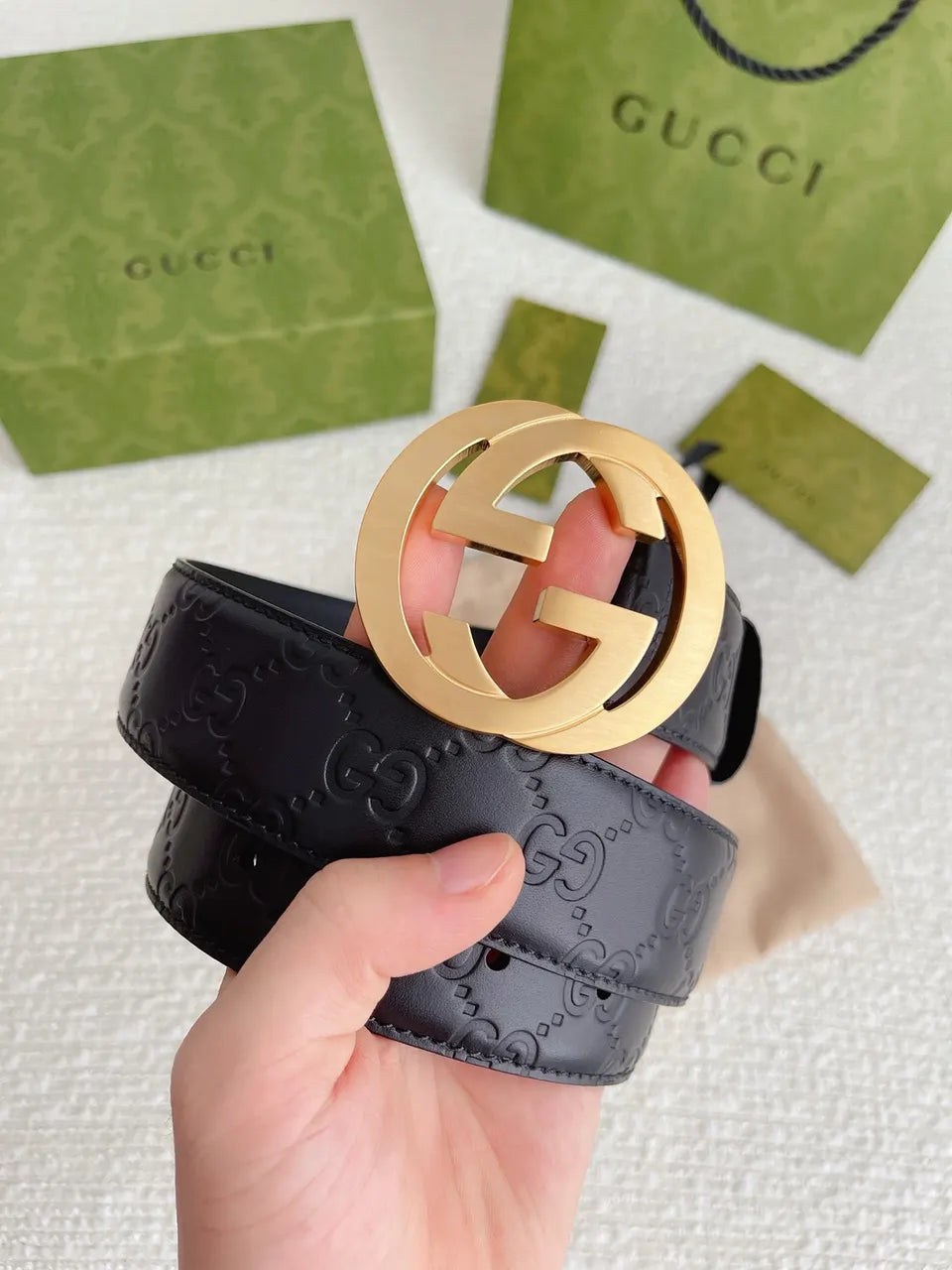 golden Gucci Black Embossed Belt - Hình 4