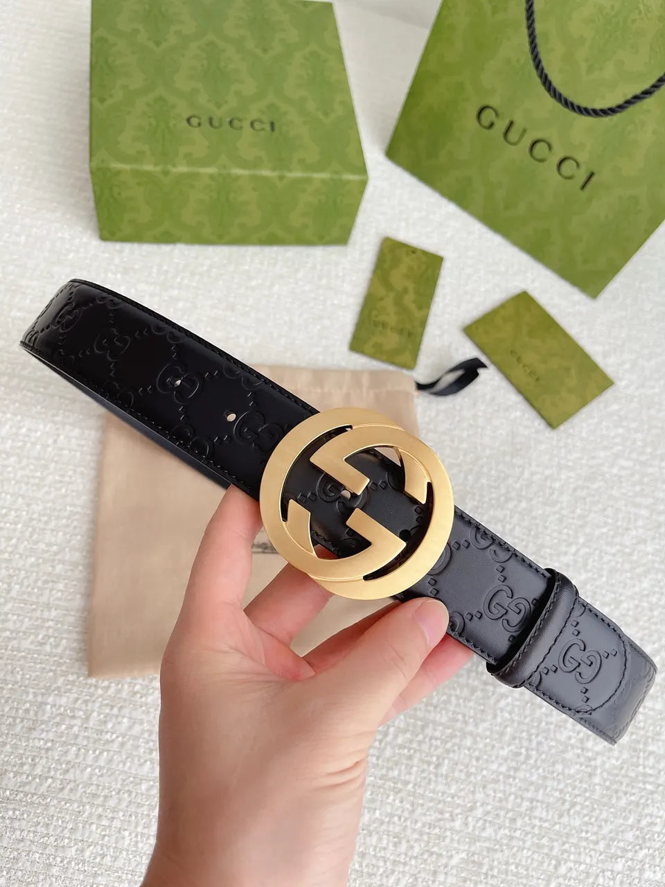 golden Gucci Black Embossed Belt - Hình 13