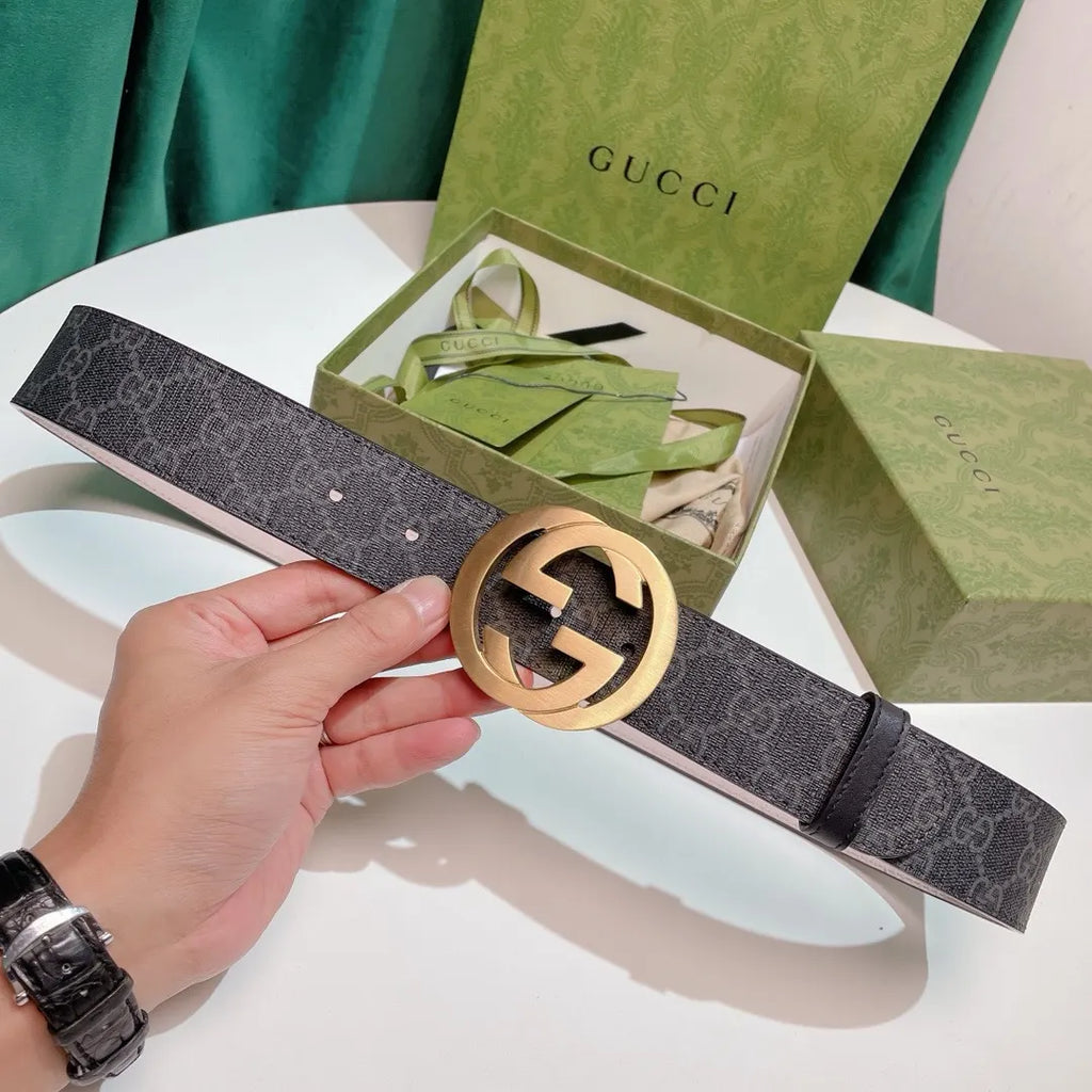 gold Gucci Gray Monogram Belt - Hình 7