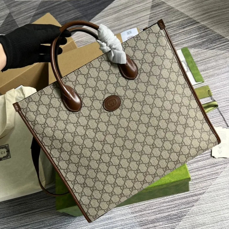 mua gucci medium tote with interlocking g beige and ebony gg canvas 674148 - Gucci Medium Tote With Interlocking G Beige And Ebony GG Canvas 674148