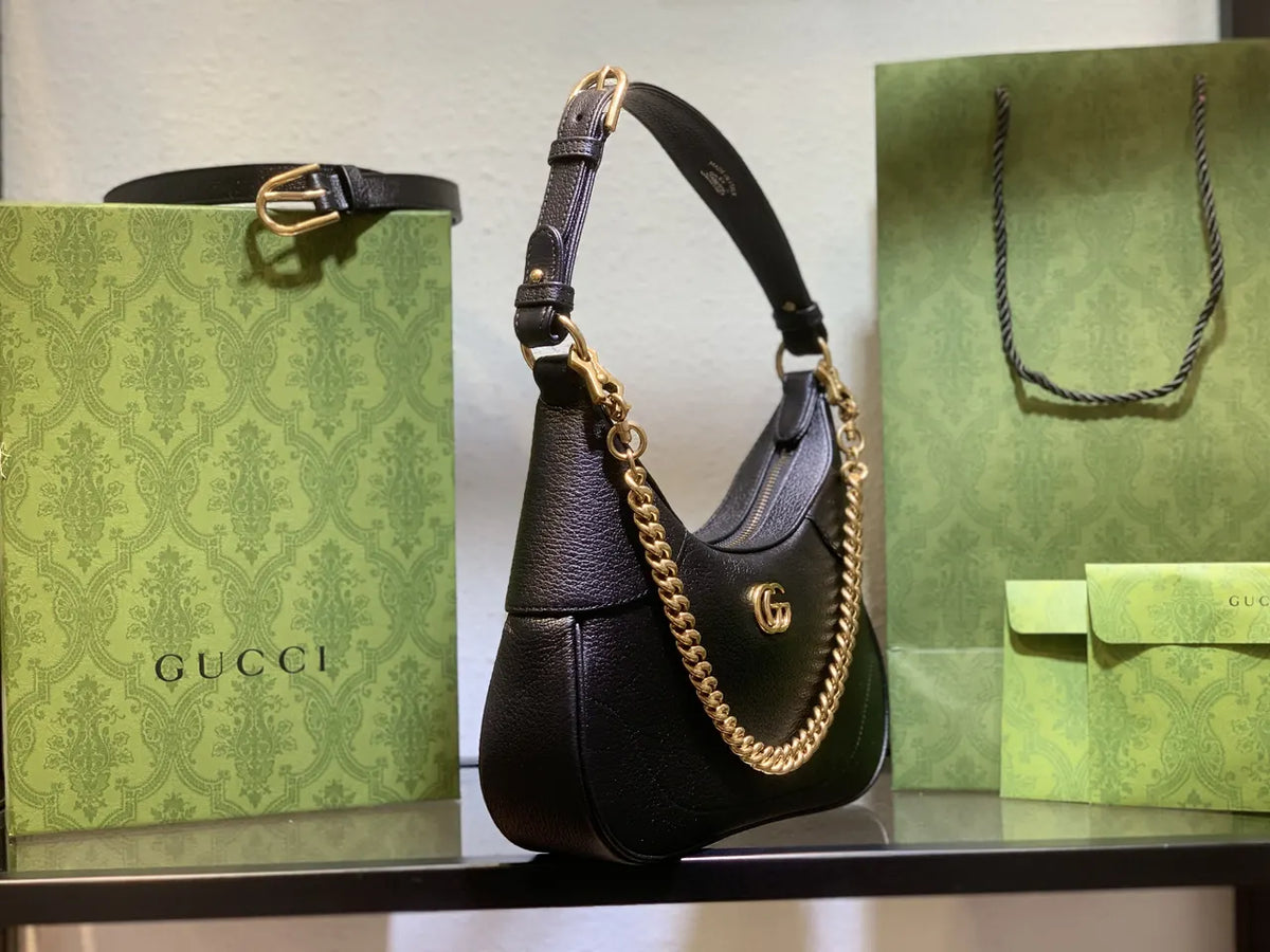 leather gold Gucci Black Half-Moon Bag - Hình 20