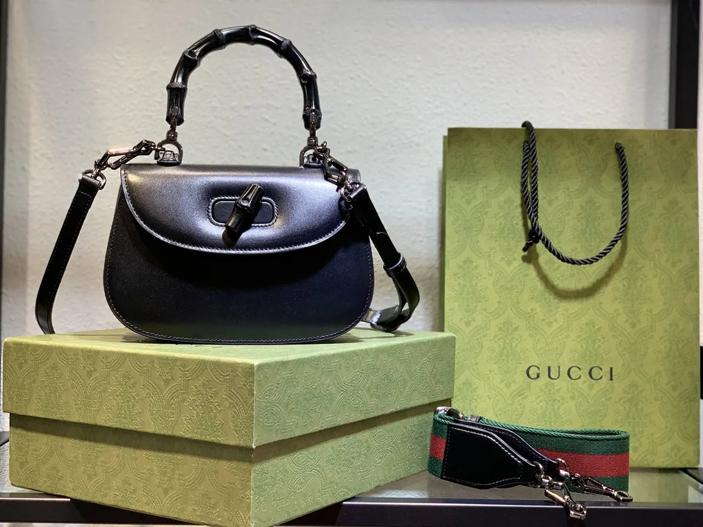 Gucci Black Bamboo Handle Bag leather - Hình 5