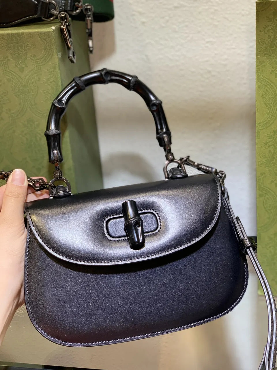 Gucci Black Bamboo Handle Bag leather - Hình 12