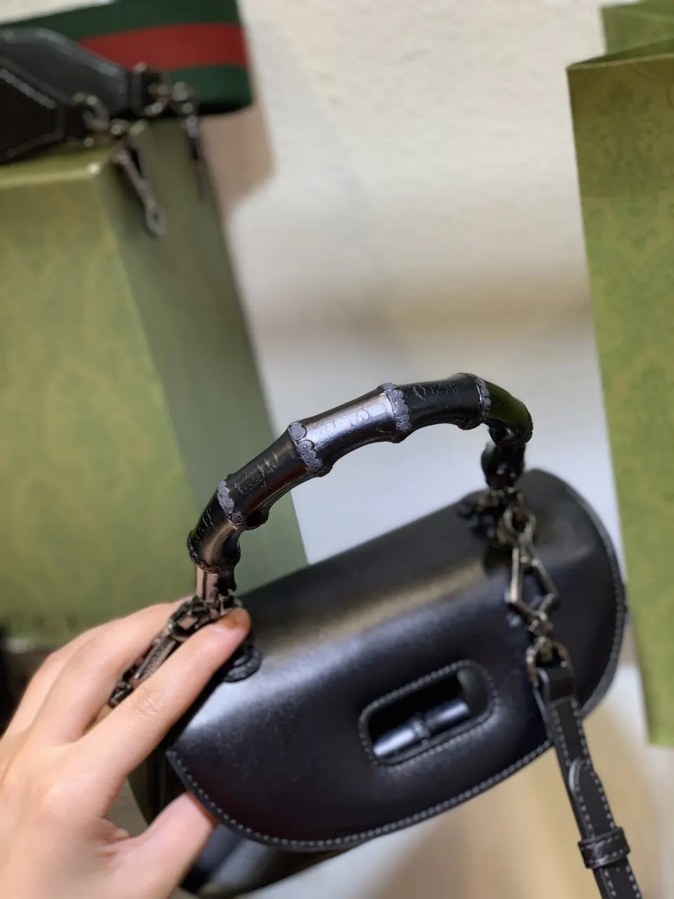 Gucci Black Bamboo Handle Bag leather - Hình 13