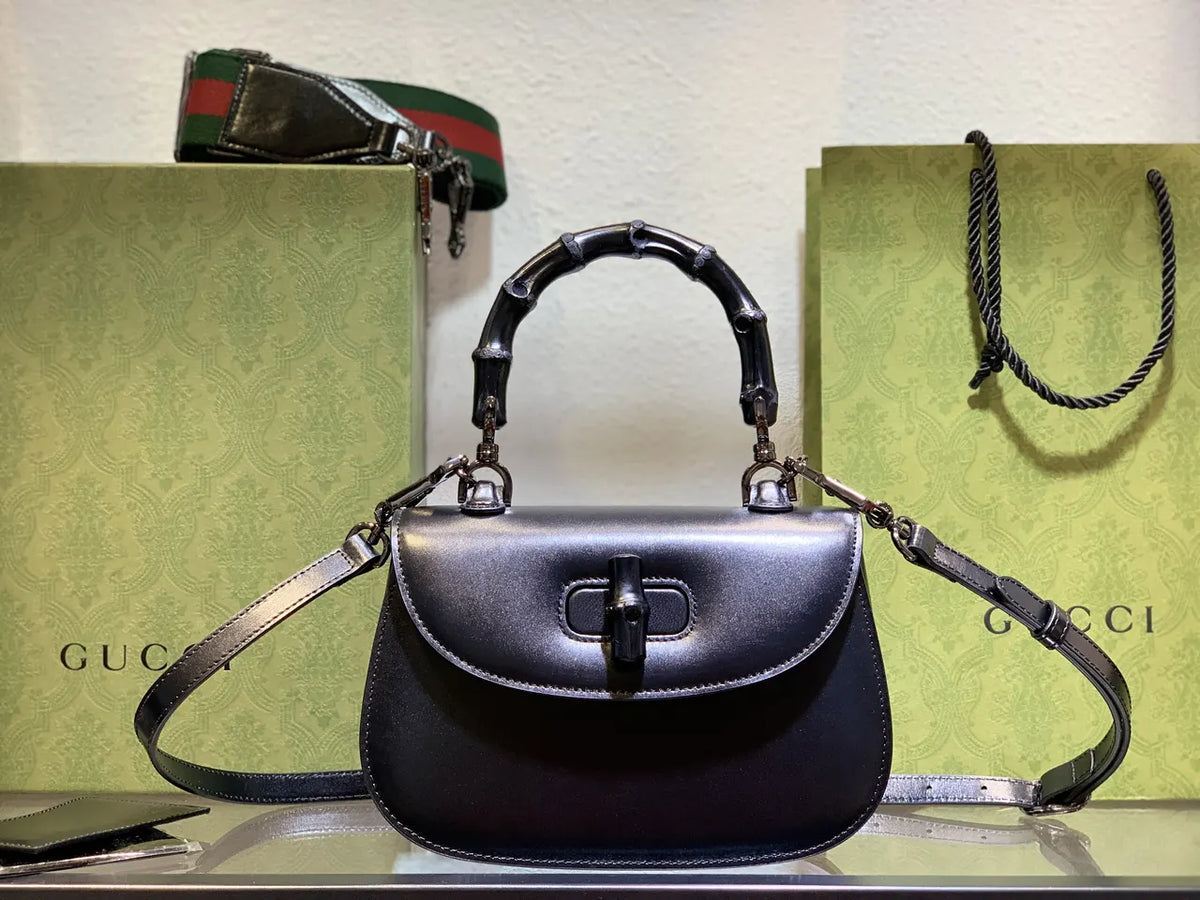 Gucci Black Bamboo Handle Bag leather - Hình 18
