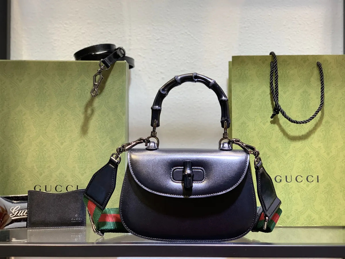 Gucci Black Bamboo Handle Bag leather - Hình 19