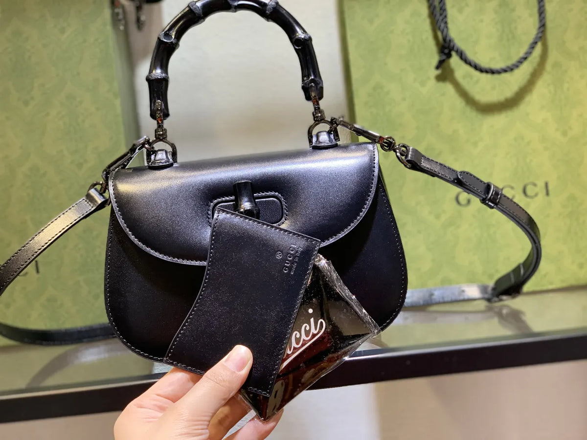 Gucci Black Bamboo Handle Bag leather - Hình 17