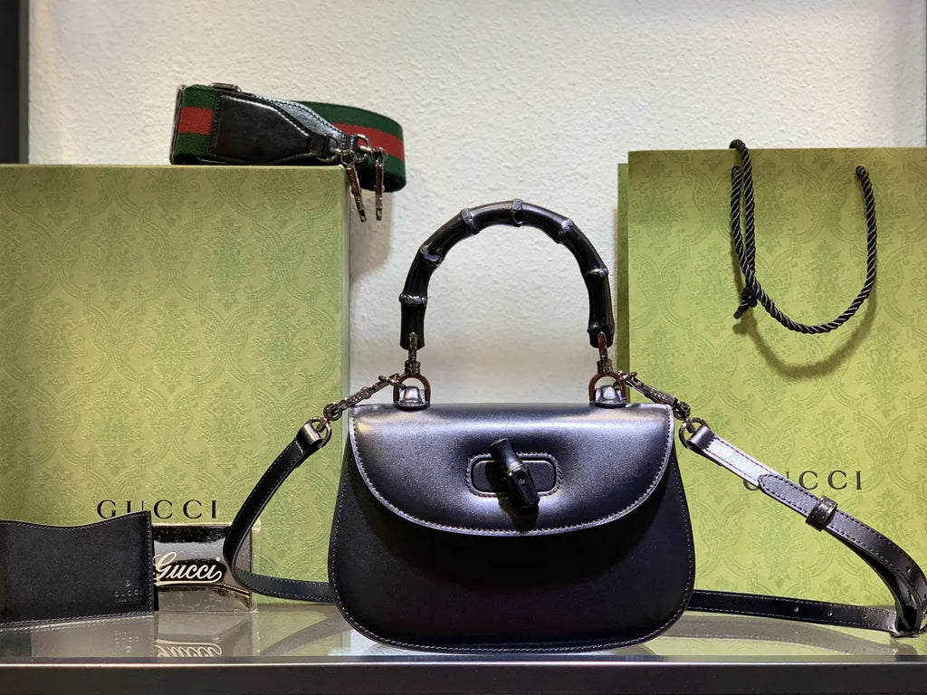 Gucci Black Bamboo Handle Bag leather - Hình 9
