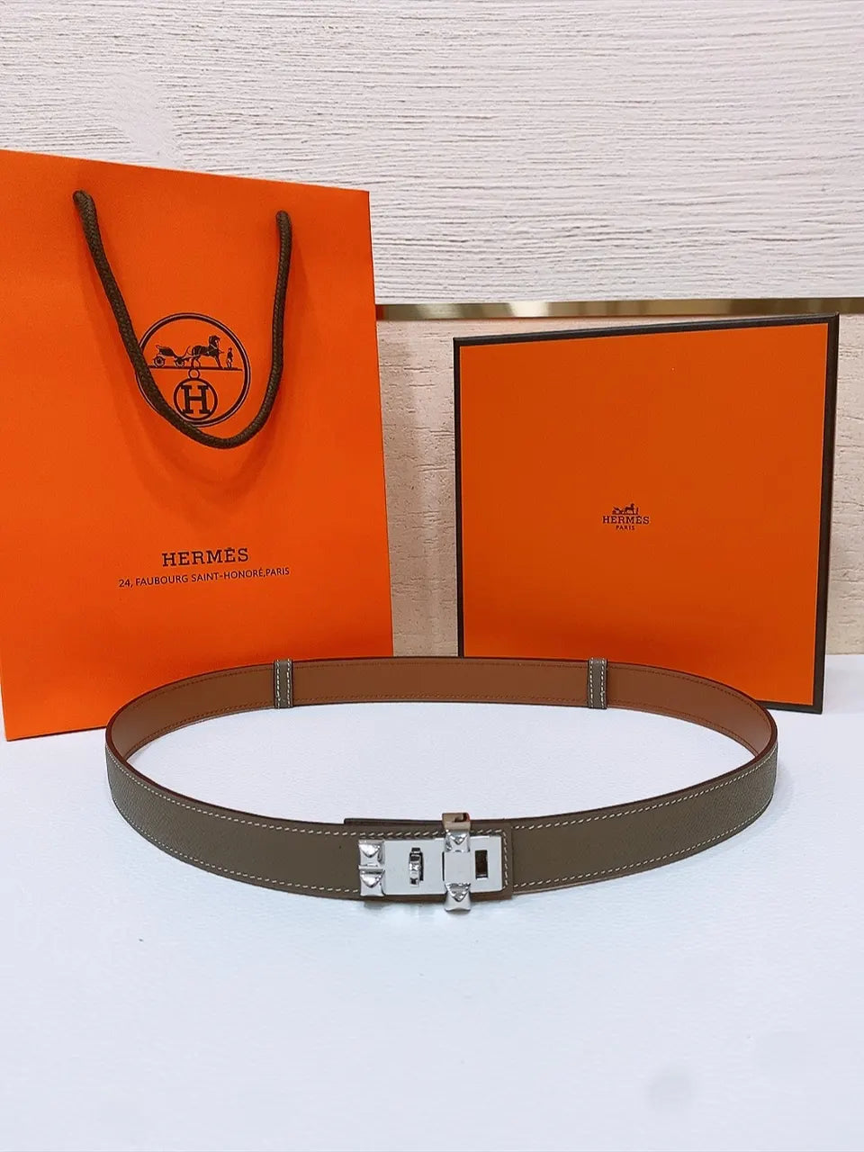 silver Hermes Khaki Leather Belt
