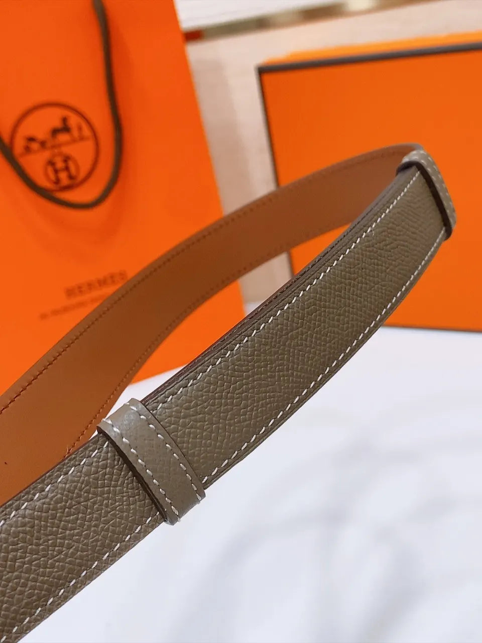 silver Hermes Khaki Leather Belt - Hình 5