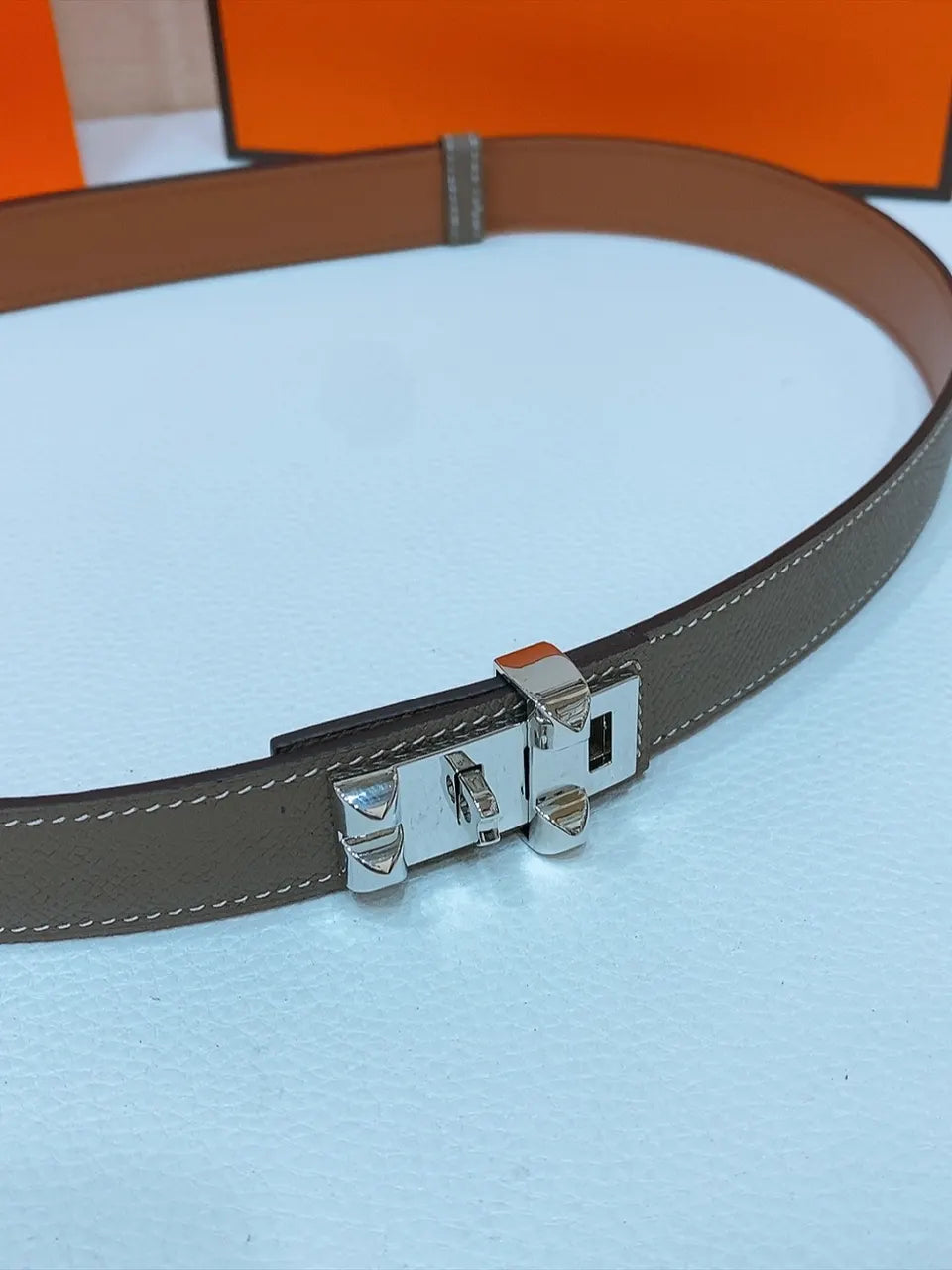silver Hermes Khaki Leather Belt - Hình 6