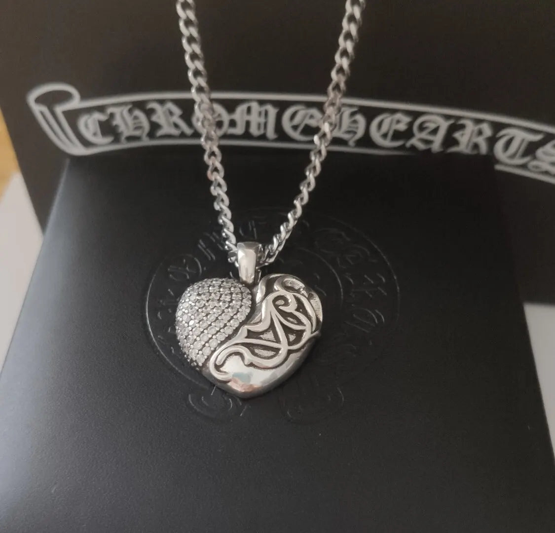 Chrome Hearts Silver Pave Heart Pendant Necklace